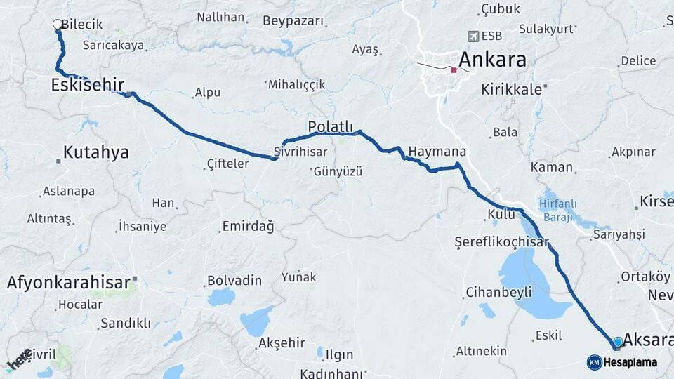 Aksaray Bilecik Arası Kaç Km - Yol Haritası