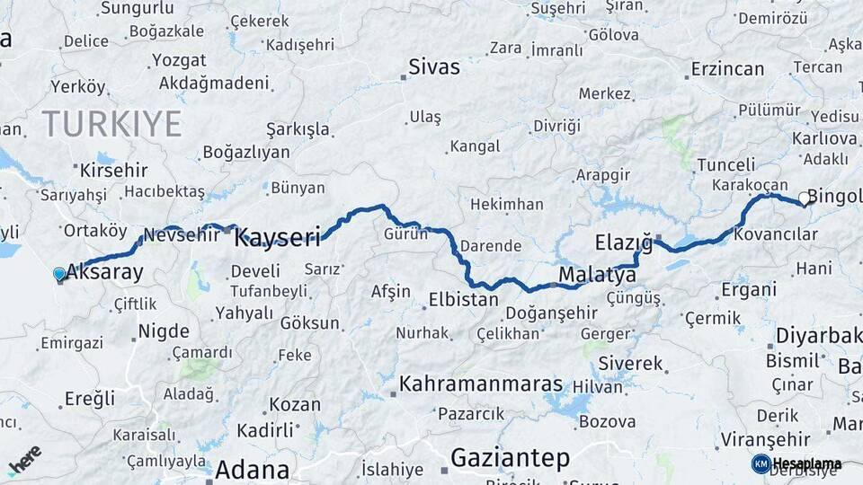 Aksaray Bingöl Arası Kaç Km - Yol Haritası