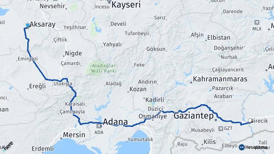 Aksaray Birecik Şanlıurfa Arası Kaç Km - Yol Haritası