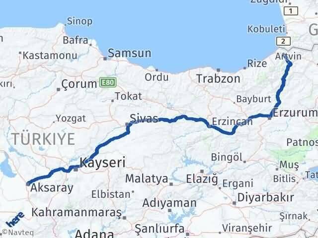 Aksaray Borçka Artvin Arası Kaç Km - Yol Haritası