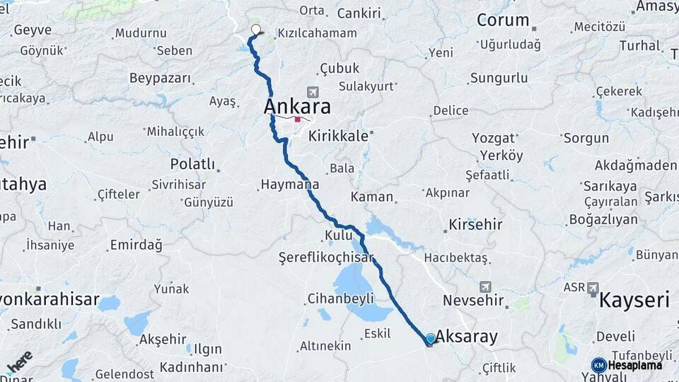 Aksaray Çamlıdere Ankara Arası Kaç Km - Yol Haritası