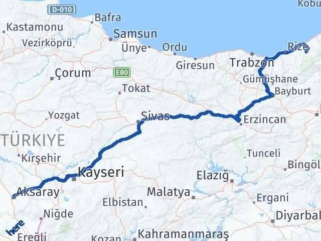 Aksaray Çamlıhemşin Rize Arası Kaç Km - Yol Haritası