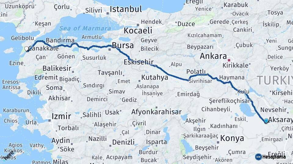 Aksaray Çanakkale Arası Kaç Km - Yol Haritası