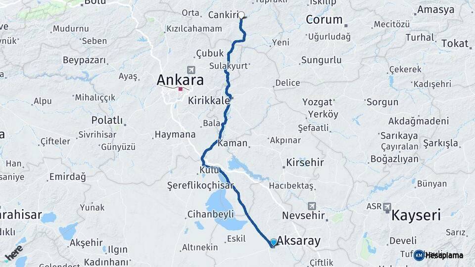 Aksaray Çankırı Arası Kaç Km - Yol Haritası