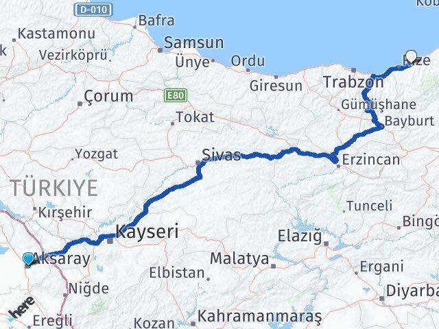 Aksaray Çayeli Rize Arası Kaç Km - Yol Haritası