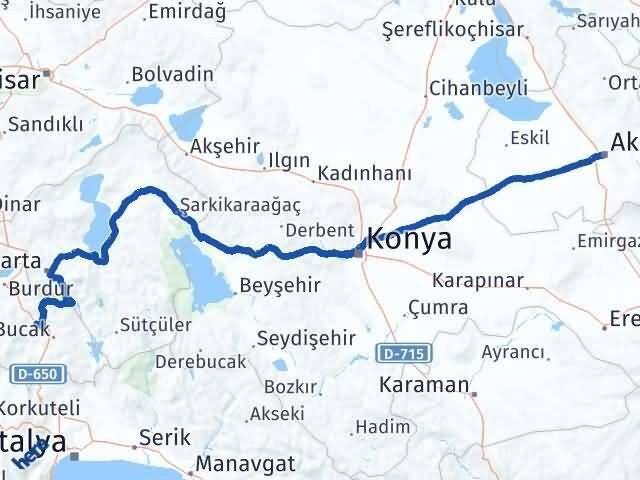 Aksaray Çeltikçi Burdur Arası Kaç Km - Yol Haritası