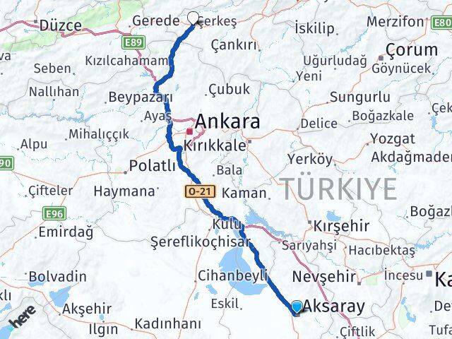 Aksaray Çerkeş Çankırı Arası Kaç Km - Yol Haritası