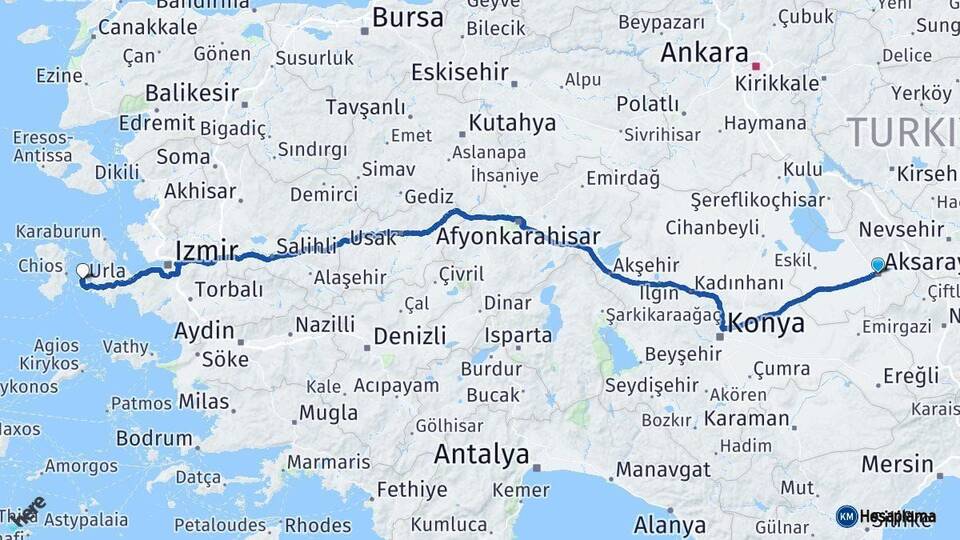 Aksaray Çeşme İzmir Arası Kaç Km - Yol Haritası