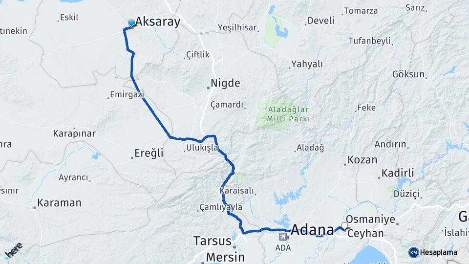 Aksaray Ceyhan Adana Arası Kaç Km - Yol Haritası