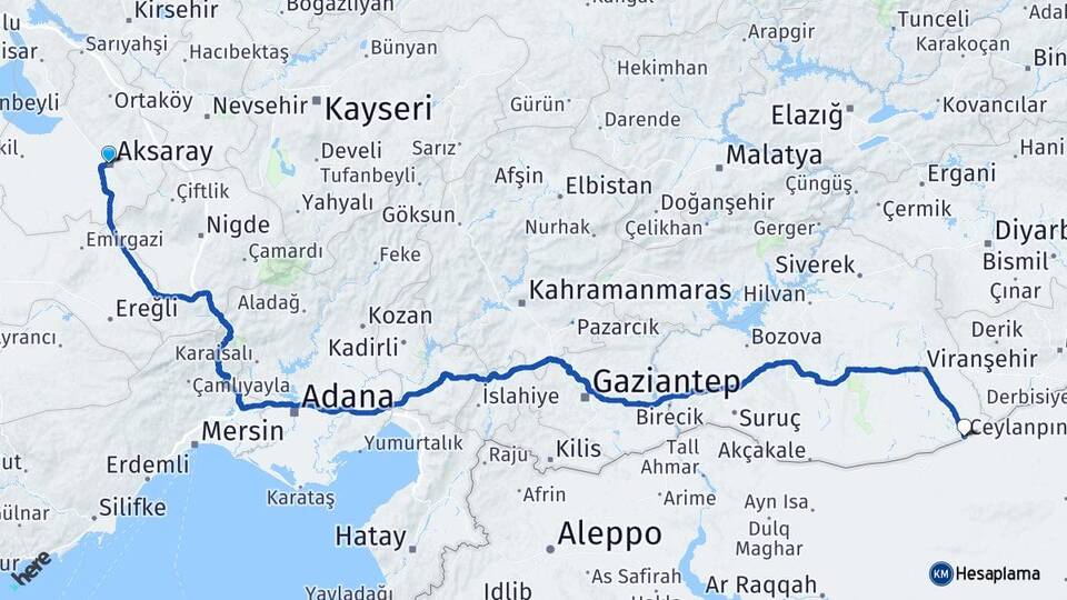 Aksaray Ceylanpınar Şanlıurfa Arası Kaç Km - Yol Haritası