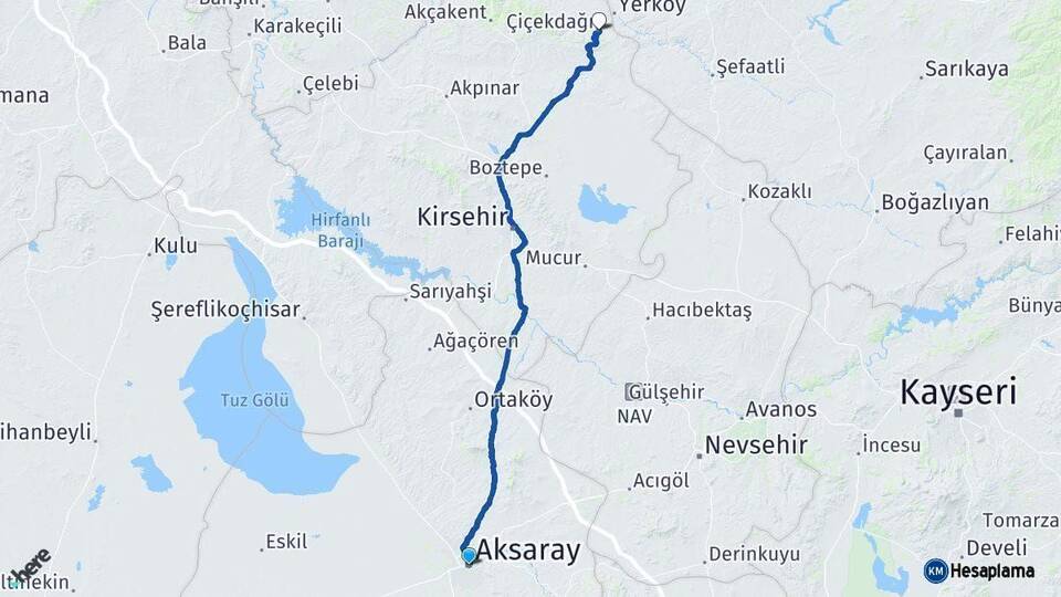 Aksaray Çiçekdağı Kırşehir Arası Kaç Km - Yol Haritası