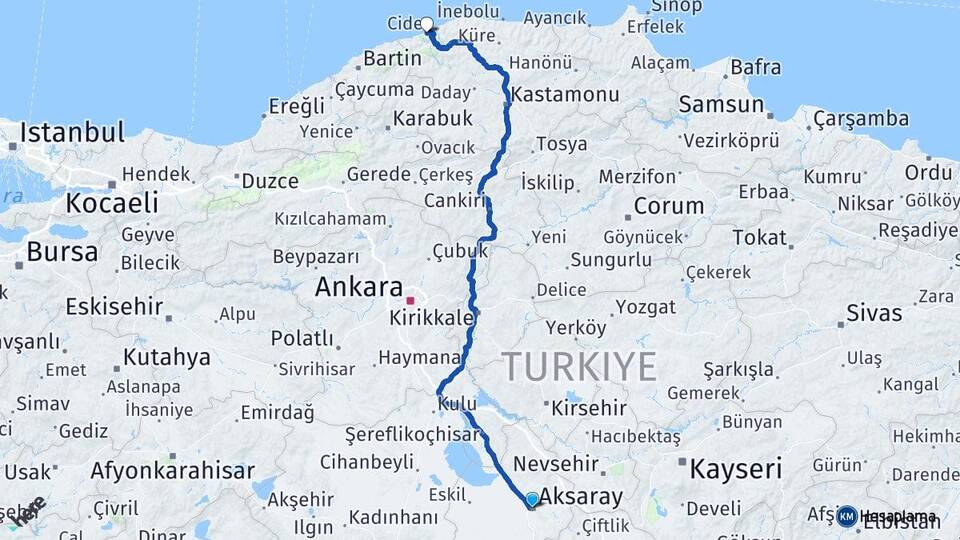 Aksaray Cide Kastamonu Arası Kaç Km - Yol Haritası