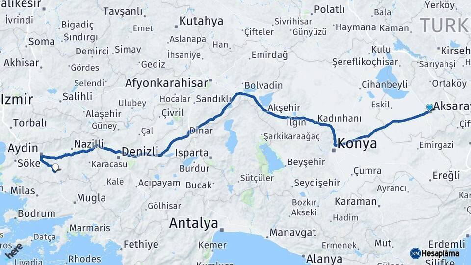 Aksaray Çine Aydın Arası Kaç Km - Yol Haritası