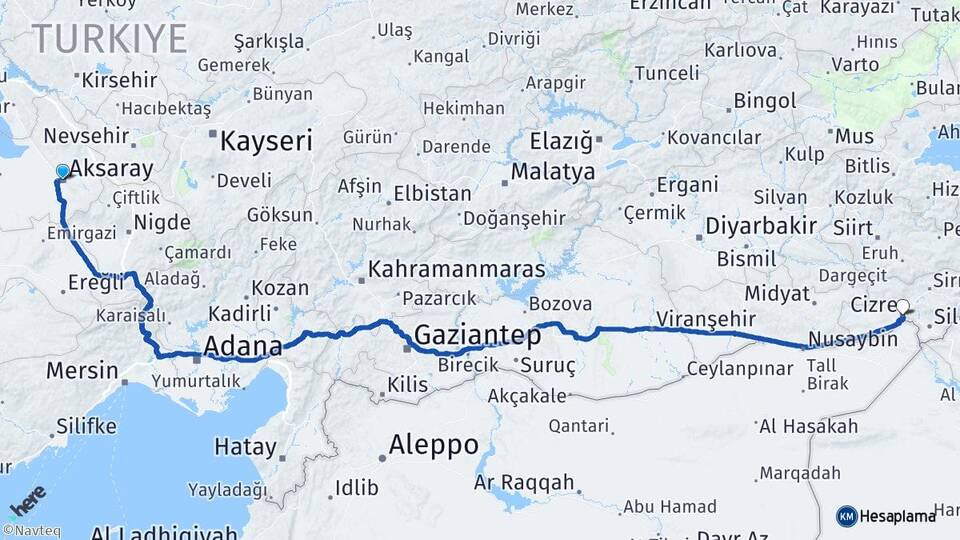 Aksaray Cizre Şırnak Arası Kaç Km - Yol Haritası