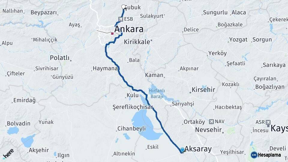 Aksaray Çubuk Ankara Arası Kaç Km - Yol Haritası