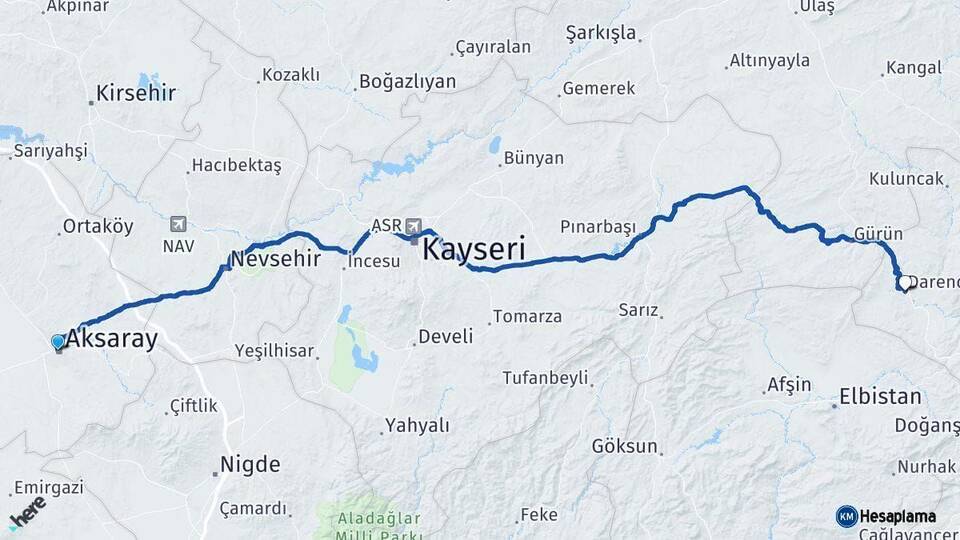 Aksaray Darende Malatya Arası Kaç Km - Yol Haritası