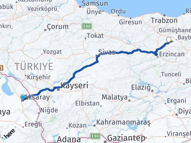 Aksaray Demirözü Bayburt Arası Kaç Km - Yol Haritası