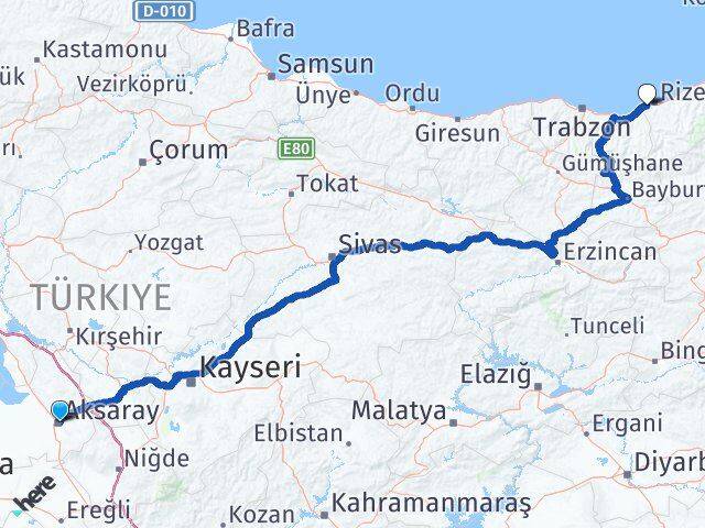 Aksaray Derepazarı Rize Arası Kaç Km - Yol Haritası