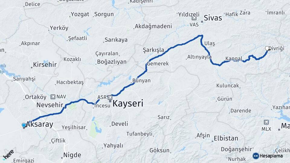 Aksaray Divriği Sivas Arası Kaç Km - Yol Haritası