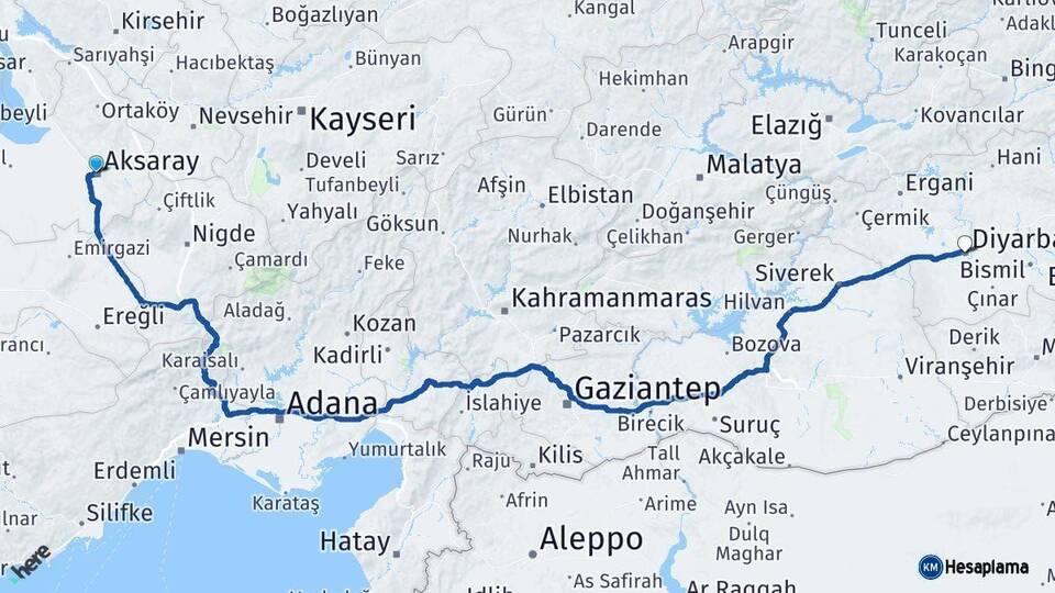 Aksaray Diyarbakır Arası Kaç Km - Yol Haritası