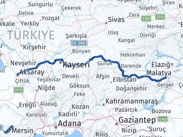 Aksaray Doğanyol Malatya Arası Kaç Km - Yol Haritası