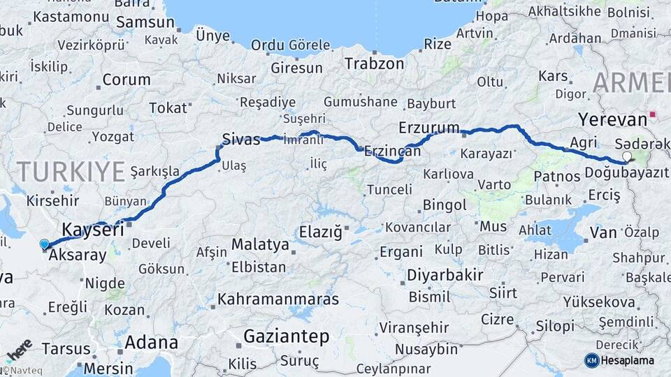 Aksaray Doğubayazıt Ağrı Arası Kaç Km - Yol Haritası