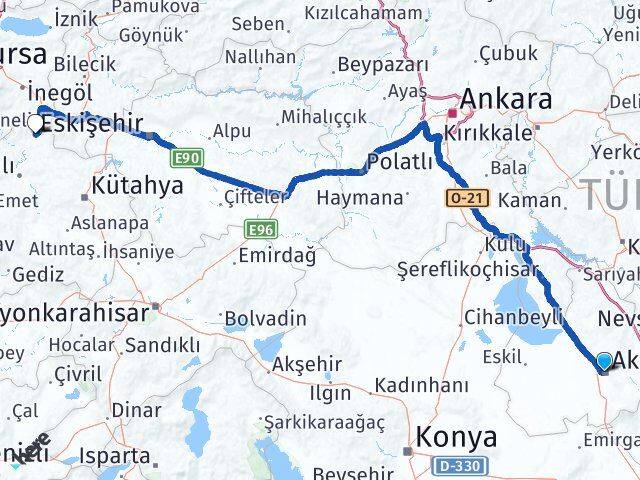 Aksaray Domaniç Kütahya Arası Kaç Km - Yol Haritası