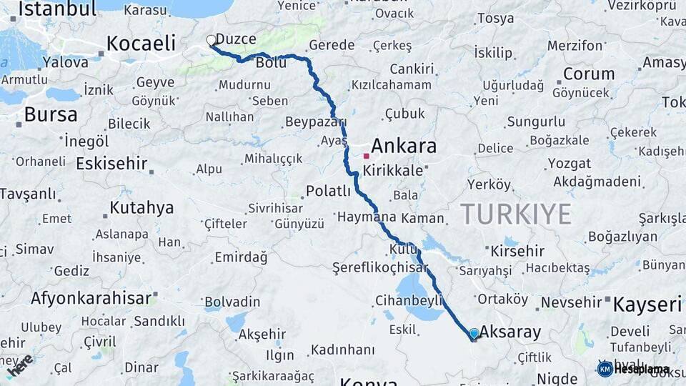 Aksaray Düzce Arası Kaç Km - Yol Haritası