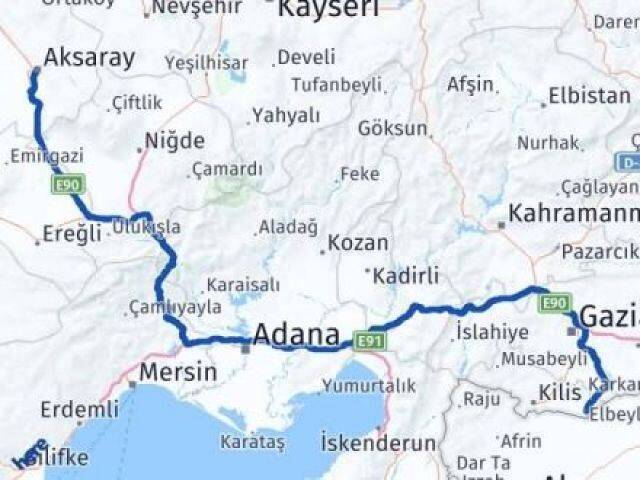 Aksaray Elbeyli Kilis Arası Kaç Km - Yol Haritası