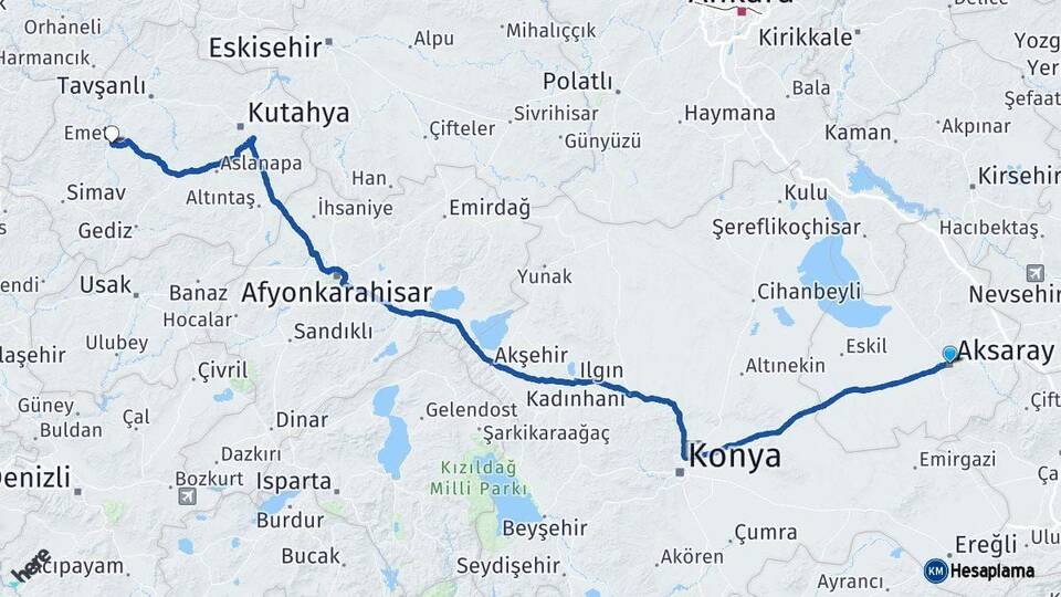 Aksaray Emet Kütahya Arası Kaç Km - Yol Haritası
