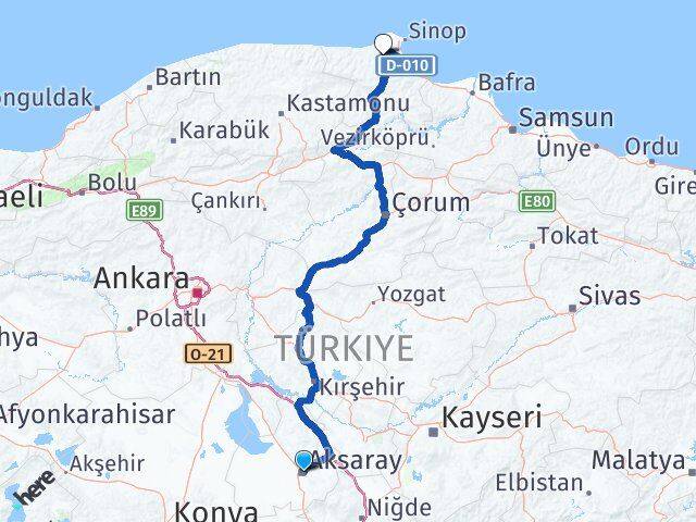 Aksaray Erfelek Sinop Arası Kaç Km - Yol Haritası
