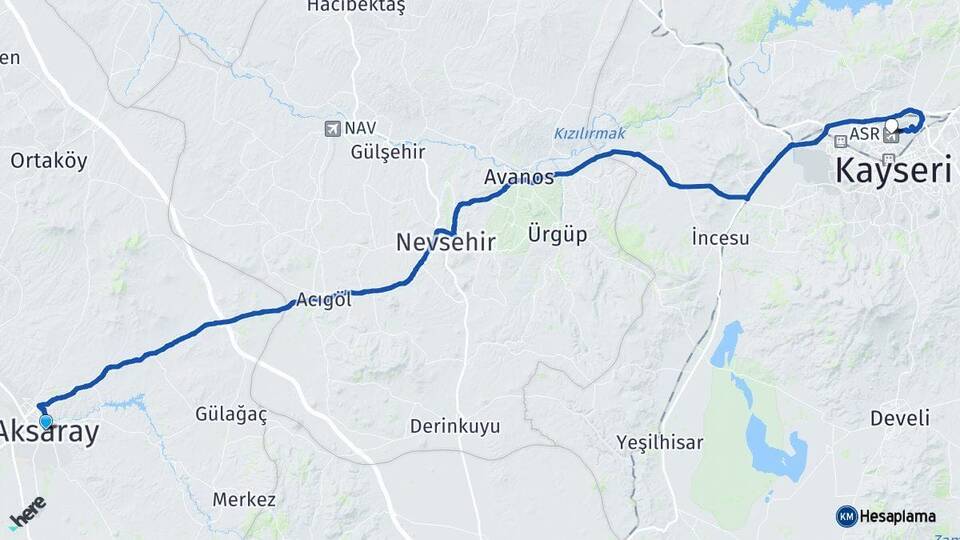 Aksaray Erkilet Havalimanı Arası Kaç Km - Yol Haritası