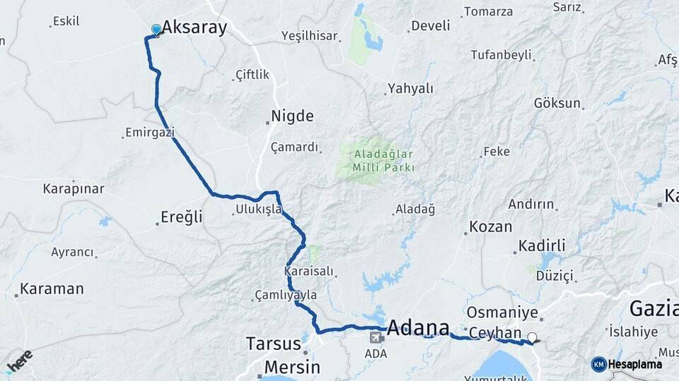Aksaray Erzin Hatay Arası Kaç Km - Yol Haritası