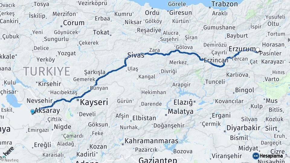 Aksaray Erzurum Arası Kaç Km - Yol Haritası