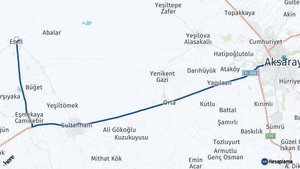 Aksaray Eskil Arası Kaç Km - Yol Haritası