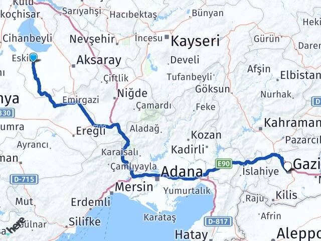 Aksaray Eskil Şehitkamil Gaziantep Arası Kaç Km - Yol Haritası