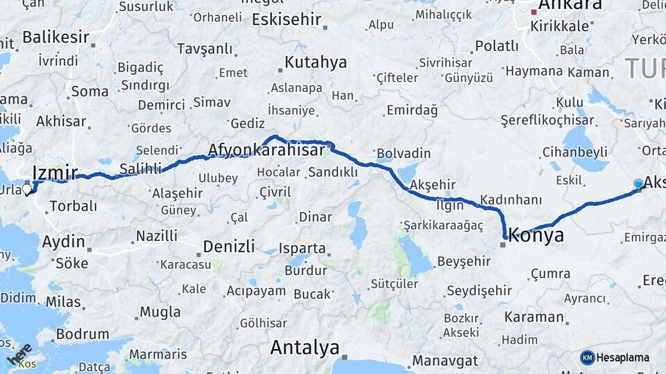 Aksaray Gaziemir İzmir Arası Kaç Km - Yol Haritası