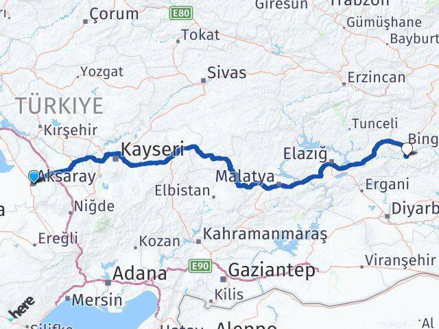 Aksaray Genç Bingöl Arası Kaç Km - Yol Haritası