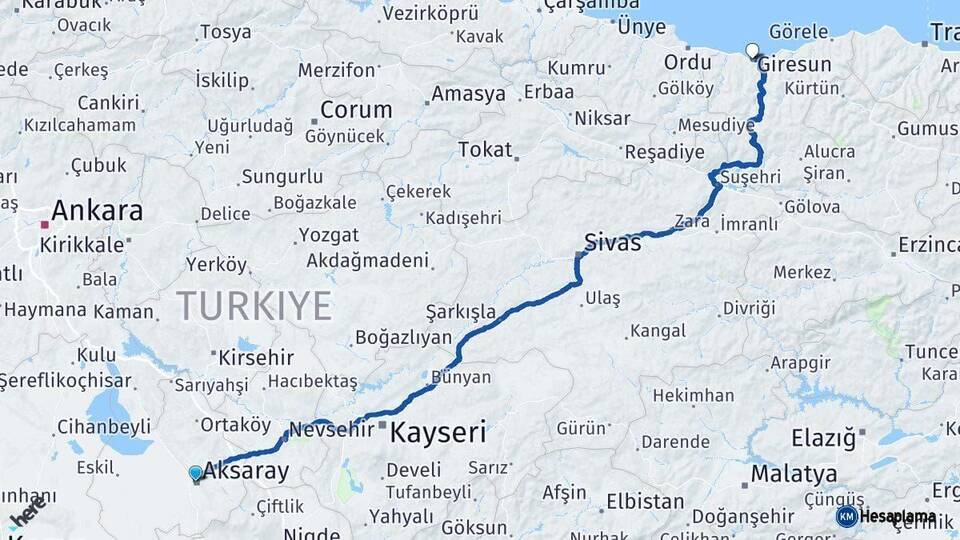Aksaray Giresun Arası Kaç Km - Yol Haritası