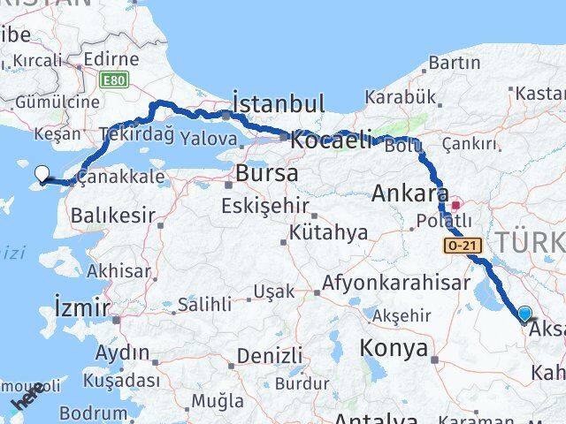 Aksaray Gökçeada Çanakkale Arası Kaç Km - Yol Haritası