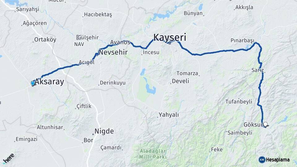 Aksaray Göksun Kahramanmaraş Arası Kaç Km - Yol Haritası
