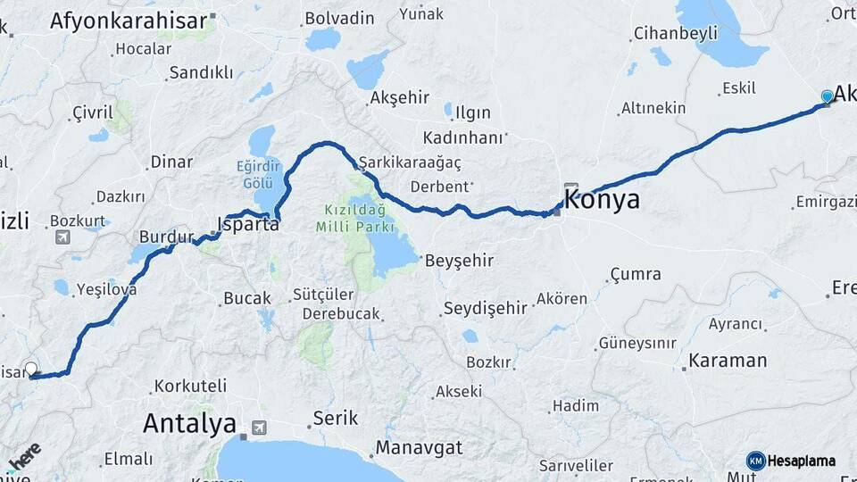 Aksaray Gölhisar Burdur Arası Kaç Km - Yol Haritası