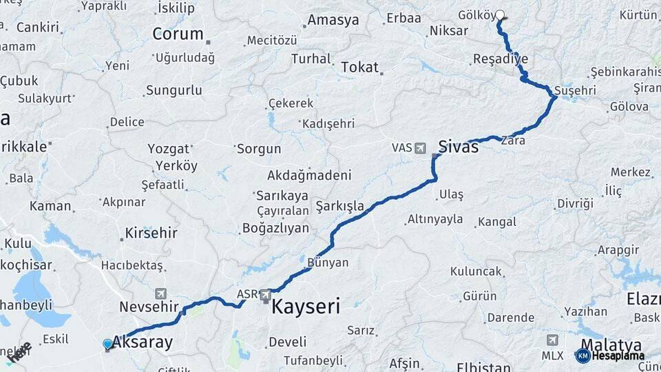 Aksaray Gölköy Ordu Arası Kaç Km - Yol Haritası