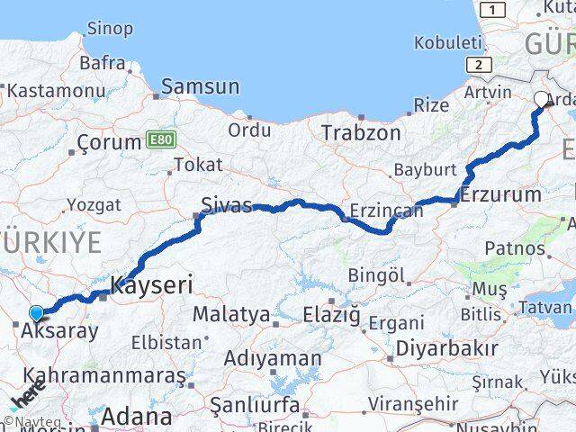 Aksaray Gülağaç Ardahan Arası Kaç Km - Yol Haritası