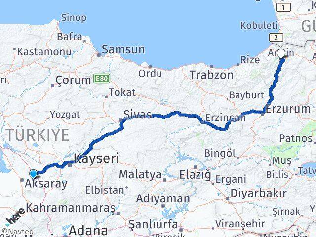 Aksaray Gülağaç Artvin Arası Kaç Km - Yol Haritası