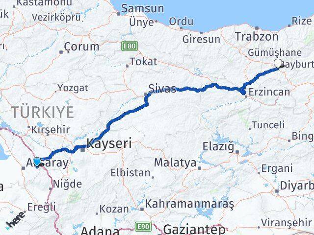 Aksaray Gülağaç Bayburt Arası Kaç Km - Yol Haritası