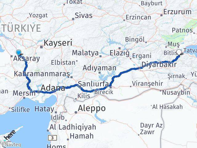 Aksaray Gülağaç Bitlis Arası Kaç Km - Yol Haritası
