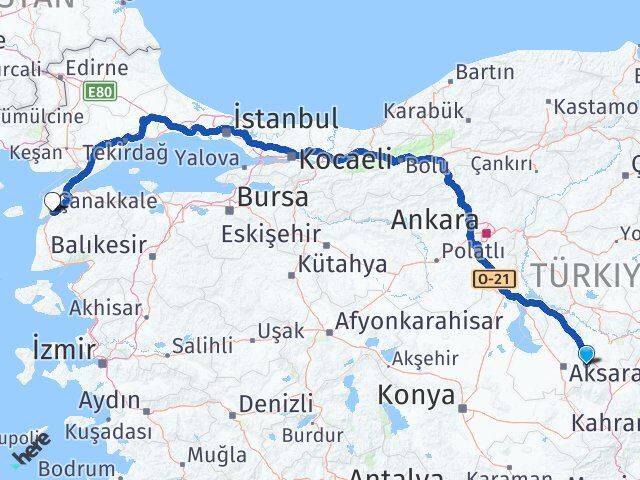 Aksaray Gülağaç Çanakkale Arası Kaç Km - Yol Haritası