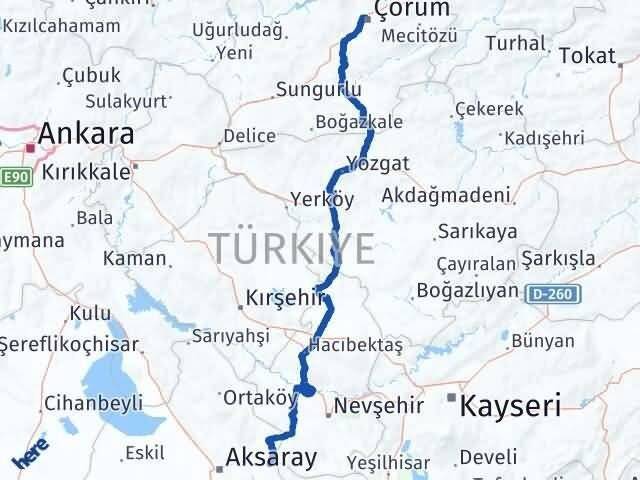 Aksaray Gülağaç Çorum Arası Kaç Km - Yol Haritası
