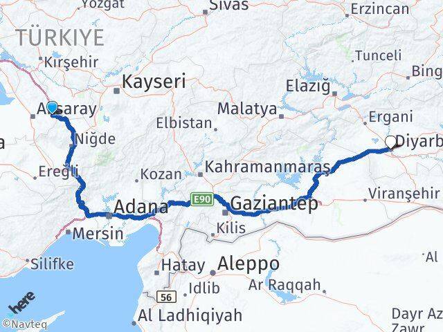 Aksaray Gülağaç Diyarbakır Arası Kaç Km - Yol Haritası